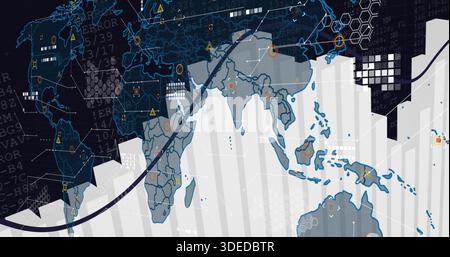 Displaying stylized world map with rising white bars in digital dashboard, showing orange markers Stock Photo
