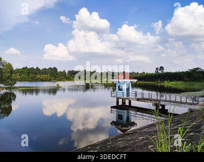 Small blue water tower on a serene lake with fluffy cloud reflections and lush green forest background under a bright sky. Stock Photo