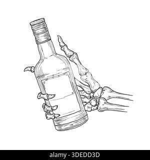 Skeleton hands, bony fingers holding a bottle, black and white sketch. Vector illustration. Dead man's skeletal hands, isolated on a white background. Stock Vector
