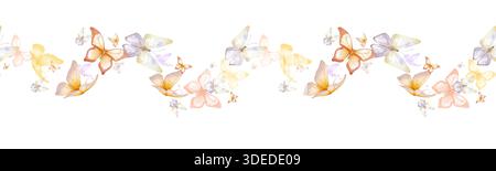 Delicate pink and lilac butterflies on a seamless border. Watercolor illustration. Summer and spring butterflies isolated on the background. For print Stock Photo