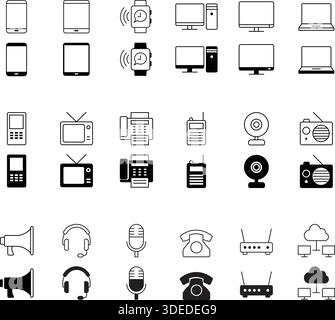 Collection of modern digital devices and technology icons in black and white Stock Vector