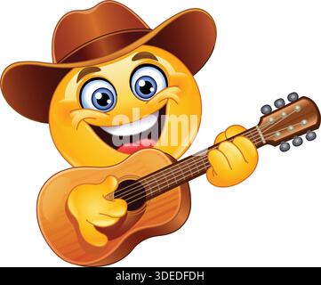Happy cowboy emoji emoticon playing an acoustic guitar Stock Vector