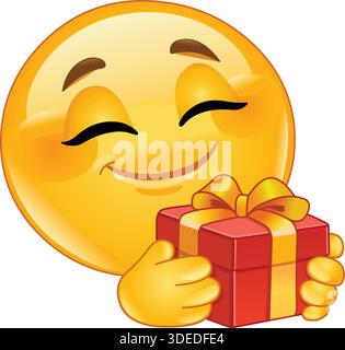 Happy emoji emoticon holding a wrapped gift box Stock Vector
