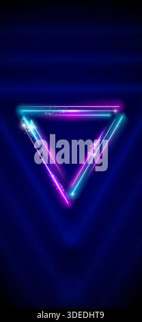 Neon, led triangle. Background, wallpaper for smartphone, mobile phone. Pink blue purple sparkling neon triangle, glowing led lines, triangular frame. Stock Vector