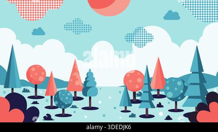 A modern flat illustration of a forest landscape featuring stylized pine and round trees in coral and blue colors, with patterned clouds. Stock Vector