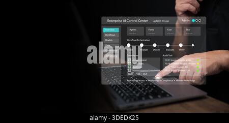 Businessman with laptop interacts enterprise AI control center interface. Data governance, workflow orchestration, business automation, corporate acce Stock Photo