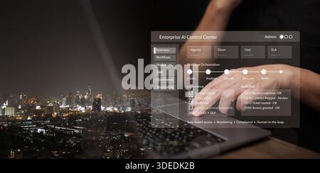 Businessman with laptop operates enterprise AI control center with smart city at night in background. Data governance, workflow orchestration, automat Stock Photo