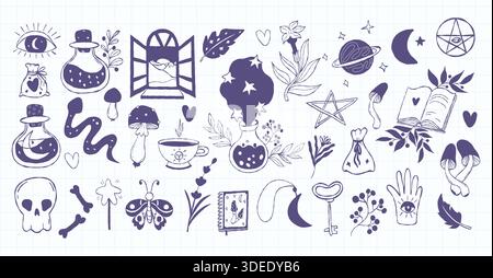 Magical Accessories Doodle Set. Isolated Magic witchcraft, fantasy, occult, whimsical Hand Drawing for Halloween, esoteric and scary Mystical design o Stock Vector