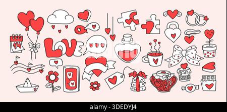 Red Outline Love Doodle Set. Isolated Valentines Day Design Kit Hand Drawn Romantic Elements. Vector Illustration. Not AI Stock Vector