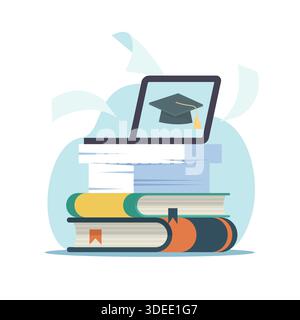 Online homeschooling. Open laptop on books stack, self education and development, distance learning on digital courses, knowledge access technology, e Stock Vector
