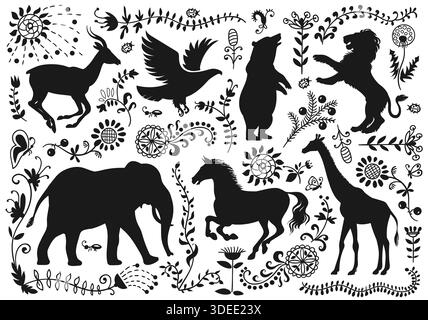 Animals silhouettes with flowers. Wild fauna shapes with decorative elements, floral natural plants, floral ornaments, botanical folk art giraffe and Stock Vector