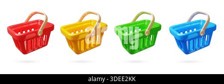 Color cartoon 3d shopping carts. Plastic supermarket baskets with handles angle view for purchases, render glossy style, container for purchases Stock Vector