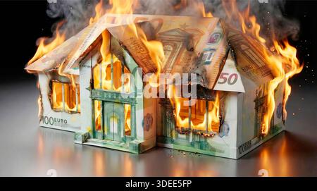 Eigenheim aus Euroscheinen gefaltet steht in Flammen Symbolbild zum Thema Wertverlust beim Eigenheim, Feuerschaden am Haus, Immobilienkrise usw. *** Home folded from euro bills is in flames Symbolic image on the subject of loss of value in the home, fire damage to the house, real estate crisis, etc Stock Photo