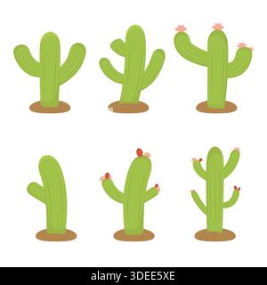 Green cactus vector set with flowers. Flat style isolated designs Stock Vector