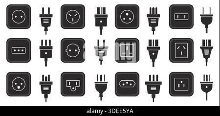 Electric socket types black icons. Different world standards of plugs and sockets, europe, asia or us, international electrical power sources Stock Vector