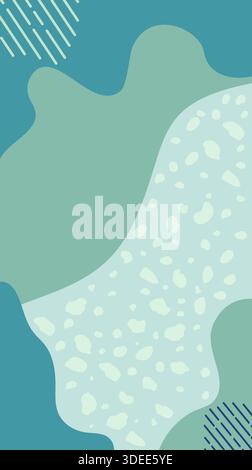 Abstract design featuring flowing organic shapes in blue-green tones, complemented by a speckled texture and diagonal line patterns Stock Vector