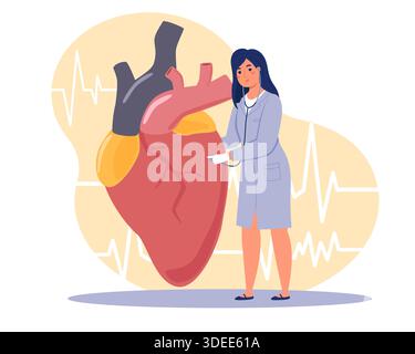 Cardiology clinic. Inpatient department, tiny female cardiologist doctor listens to big heart, examination in hospital, prevention and treatment Stock Vector