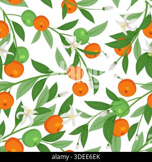 Mandarin fruit seamless pattern. Ripe tangerines on flowering branches, repeated orange citruses, sweet tangerines on textile, wrapping paper Stock Vector