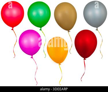 Set of seven colorful party balloons isolated on transparent png white background. Red, green gold, silver yellow and pink colors. Stock Photo