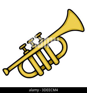 A stylized golden trumpet vector illustration with a bold black outline, featuring three valves and a curved bell, isolated on a clean white backgroun Stock Vector