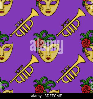 Seamless vector pattern of Mardi Gras masks and trumpets with roses on a purple background. Stock Vector