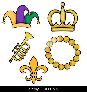Mardi Gras vector elements featuring a jester hat, golden crown, trumpet, fleur-de-lis, and beaded necklace, isolated on a white background. Stock Vector