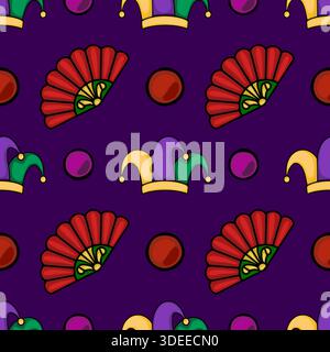 Seamless vector pattern featuring Mardi Gras jester hats, red fans, and circular ornaments on a deep purple background. Stock Vector