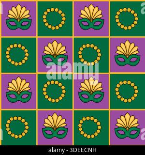 Seamless vector pattern of Mardi Gras masks and beaded necklaces in purple, green, and gold. Stock Vector