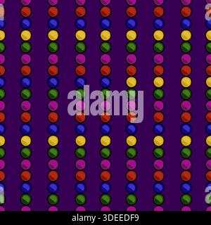 Seamless vector pattern of colorful candy beads in vertical columns on a dark purple background, evoking a playful and festive mood. Stock Vector