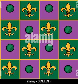 Mardi Gras seamless repeating vector pattern featuring gold fleur-de-lis symbols and green spheres on a purple and green checkered background with yel Stock Vector