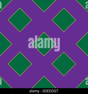 Seamless vector pattern featuring repeating green diamonds outlined in gold against a vibrant purple background, creating a geometric and festive visu Stock Vector