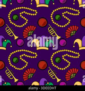 Seamless Mardi Gras vector pattern featuring jesters' hats, bead necklaces, trumpets, and fans on a purple background. Stock Vector