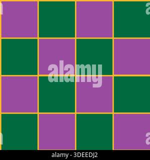 A vibrant seamless vector pattern featuring a bold checkerboard arrangement of deep green and rich purple squares, outlined with a striking golden bor Stock Vector