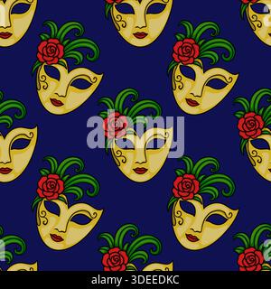 Seamless vector pattern of golden Venetian masks adorned with red roses and green foliage on a deep navy blue background. Stock Vector