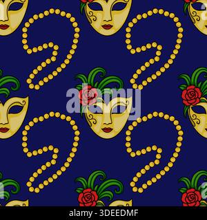 Seamless vector pattern featuring ornate golden Venetian masks adorned with red roses and green foliage, interspersed with strands of golden beads, se Stock Vector