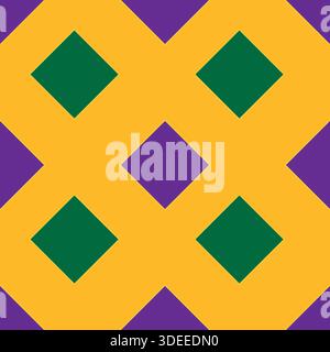 Seamless vector pattern featuring interlocking gold geometric shapes with alternating purple and green diamond accents, evoking a festive Mardi Gras t Stock Vector