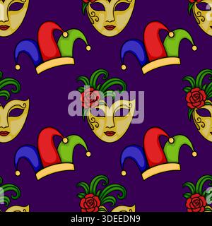 Festive Mardi Gras seamless vector pattern featuring ornate golden masks with red roses and jester hats on a deep purple background. Stock Vector