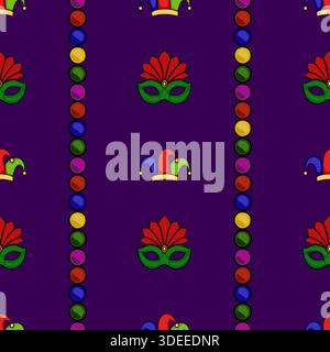 Seamless Mardi Gras vector pattern featuring masquerade masks, jester hats, and colorful bead garlands on a deep purple background. Stock Vector