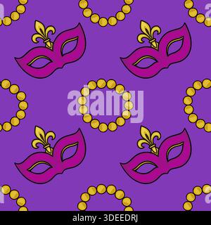 Seamless Mardi Gras vector pattern featuring purple masquerade masks adorned with gold fleur-de-lis and scattered gold beads on a vibrant purple backg Stock Vector