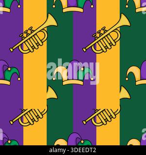 Seamless vector pattern featuring Mardi Gras jester hats and golden trumpets on a vibrant purple, green, and yellow striped background. Stock Vector