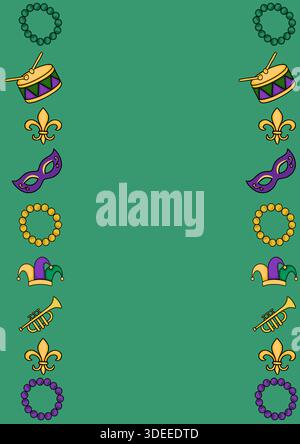 Festive Mardi Gras vector elements including fleur-de-lis, masks, jester hats, drums, trumpets, and beaded necklaces on a green background, ideal for Stock Vector