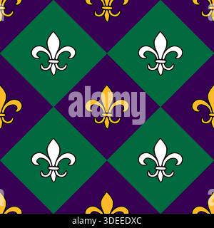 Mardi Gras seamless vector pattern featuring fleur-de-lis symbols in purple, green, and gold. Stock Vector