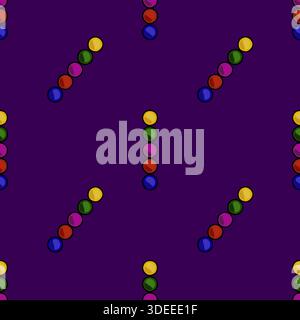 Seamless vector pattern of colorful Mardi Gras beads arranged in diagonal and vertical lines against a deep purple background. Stock Vector