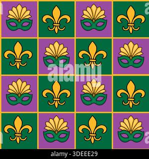 A seamless vector pattern featuring Mardi Gras masks and fleur-de-lis symbols in vibrant purple, green, and gold squares. Stock Vector