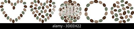 Heart shape and Round Frames and Backdrops made of multicolor coffee Beans Copy space Template Set. Isolated Vector illustration Coffee Thematic or Menu Card design elements Flyer Banner, leaflet, tag Stock Vector
