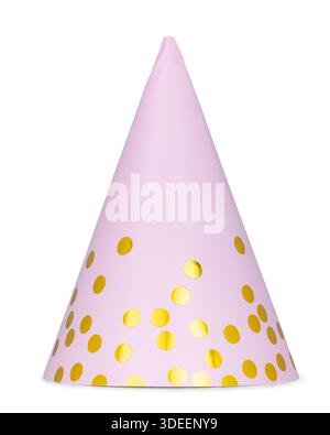 Pink party hat with golden polka dots for festive celebrations. Side view. Ideal for cutout and use as photo prop. Isolated on a white background. Stock Photo