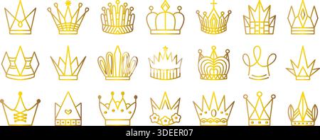 Gold line crown icon vector set, decorative outline royalty signs. Golden gradient decorative luxury cliparts, elegant king and queen pictograms Stock Vector