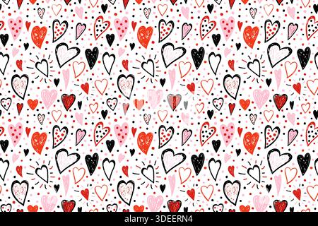 Black red and pink hearts vector seamless pattern, hand drawn background for Valentine's Day package design and banners Stock Vector