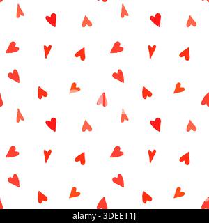 Cute simple small red hearts seamless pattern, painted irregular doodle shapes on white for Valentine's Day, love and wedding graphic design Stock Vector