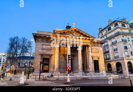 Church of Saint-Philippe-du-Roule stands in the 8th district of Paris, France. Neoclassical architecture features the stone facade with columns and pe Stock Photo